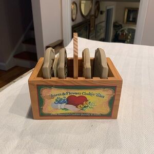 Vintage Brown Bag  Cookie Tiles In Wooden Crate